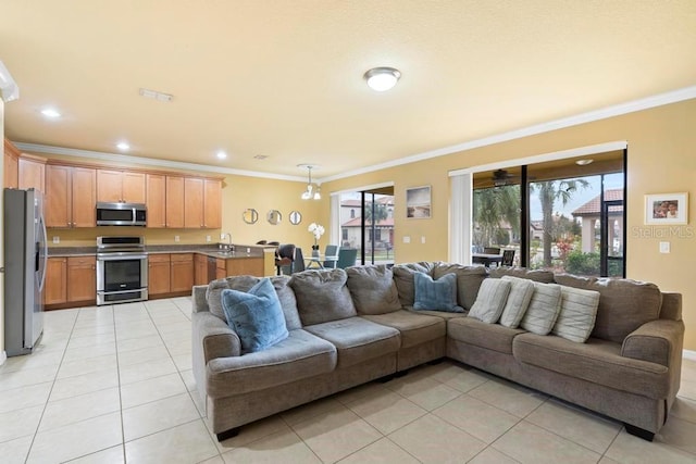 tiled living room with crown molding