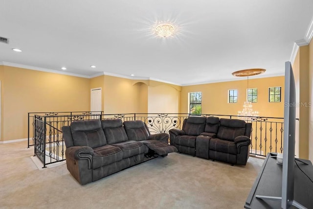 living room featuring an inviting chandelier, ornamental molding, and light colored carpet