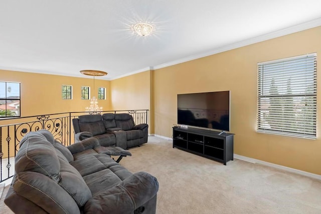 living room with ornamental molding, light colored carpet, and a healthy amount of sunlight