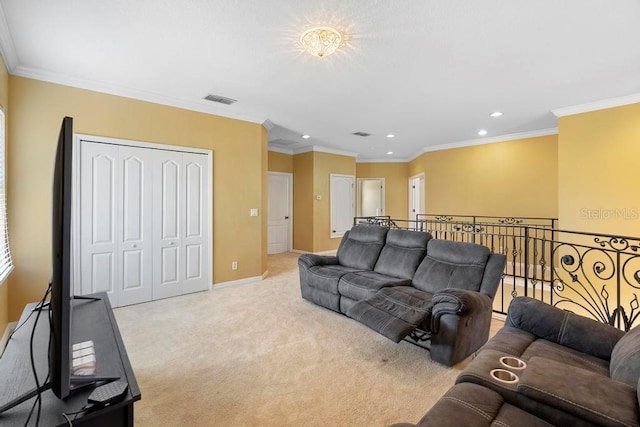 living room featuring ornamental molding and light carpet