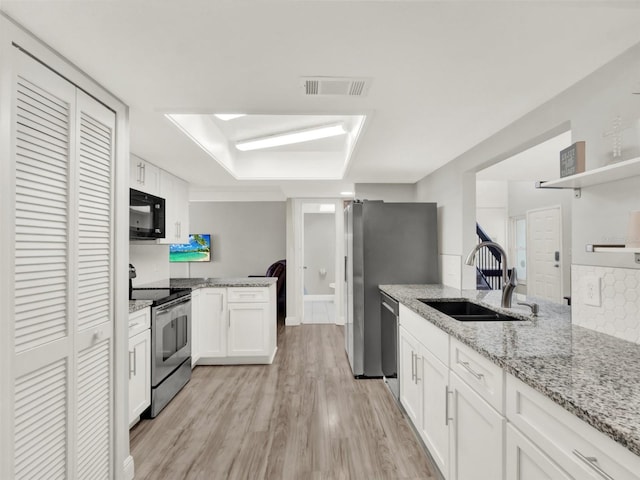 kitchen featuring sink, white cabinetry, stainless steel appliances, light stone counters, and kitchen peninsula