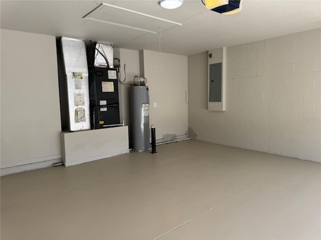 basement with electric panel, electric water heater, and heating unit