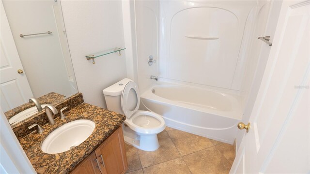 full bathroom with vanity, tile patterned flooring,  shower combination, and toilet