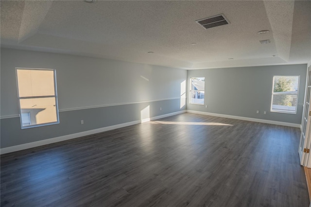 spare room with a tray ceiling, dark hardwood / wood-style flooring, and a wealth of natural light