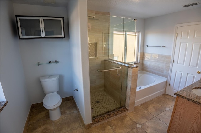 full bathroom with vanity, toilet, separate shower and tub, and tile patterned flooring