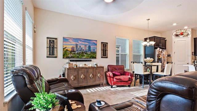 living room with a chandelier