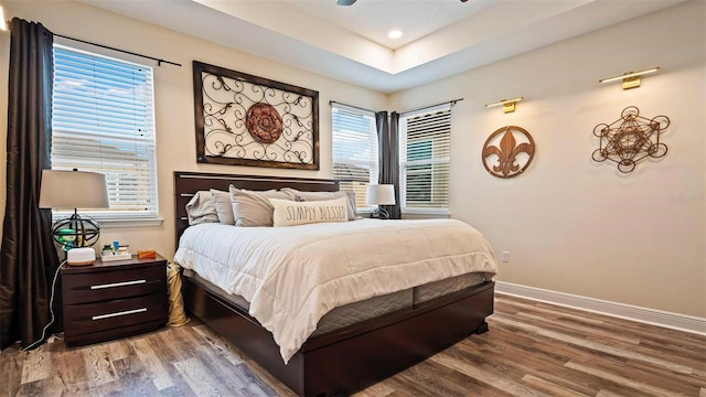 bedroom with hardwood / wood-style floors and a tray ceiling