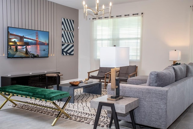 living room featuring a notable chandelier