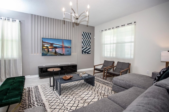 living room with an inviting chandelier