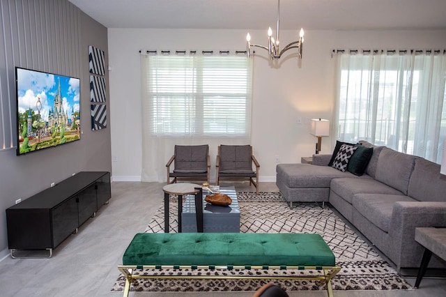 living room featuring a chandelier