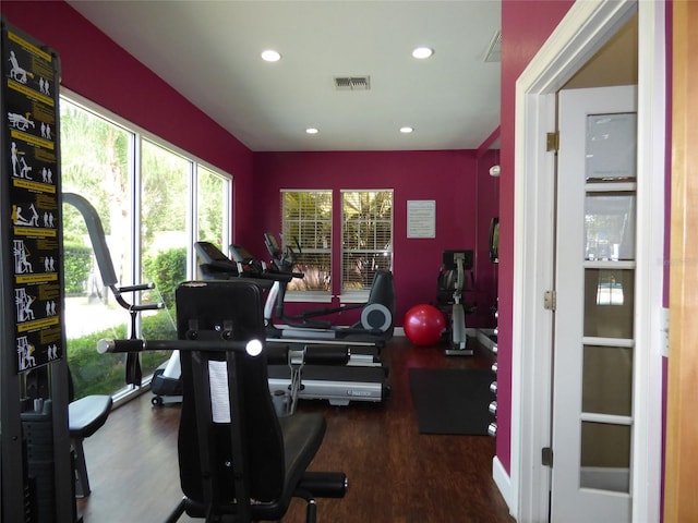 workout area featuring dark wood-type flooring