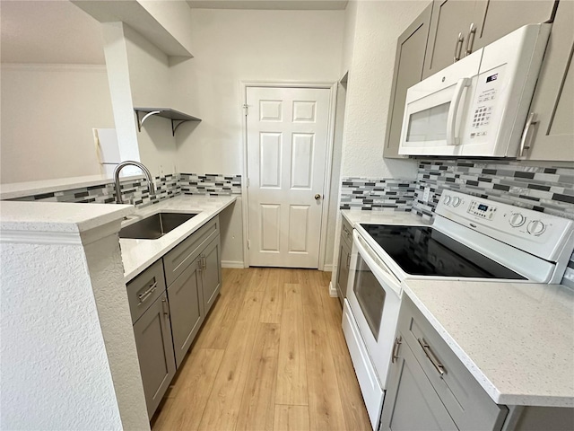 kitchen featuring sink, white appliances, backsplash, kitchen peninsula, and light wood-type flooring