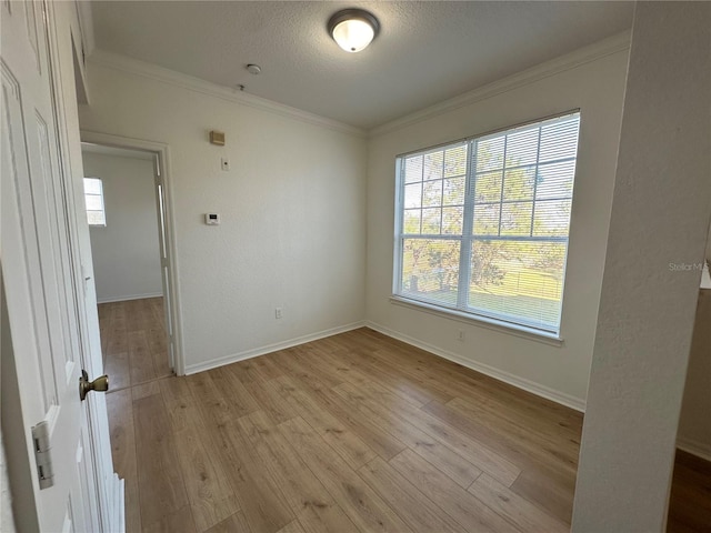 empty room with crown molding, a textured ceiling, and light wood-type flooring