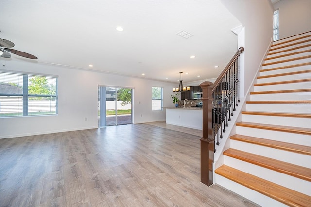 unfurnished living room featuring crown molding, sink, ceiling fan with notable chandelier, and light wood-type flooring