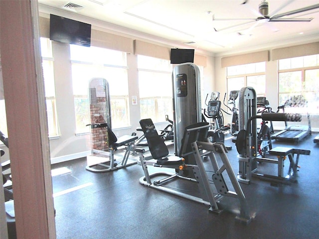 workout area with ceiling fan