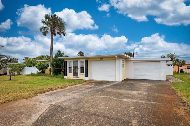 ranch-style house featuring a front yard, fence, and stucco siding