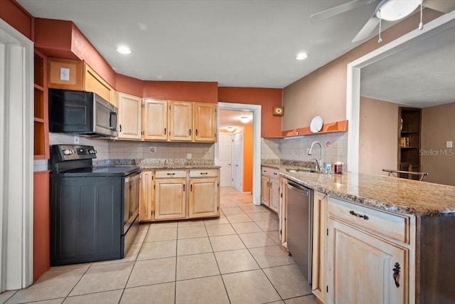 kitchen with appliances with stainless steel finishes, open shelves, a sink, and light brown cabinetry