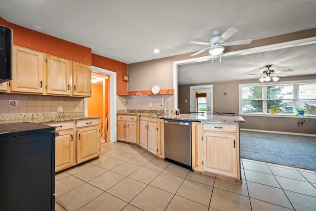 kitchen featuring a peninsula, light tile patterned floors, dishwasher, and light brown cabinetry