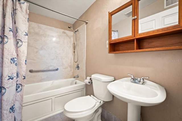 bathroom with visible vents, shower / tub combo with curtain, toilet, and tile patterned floors