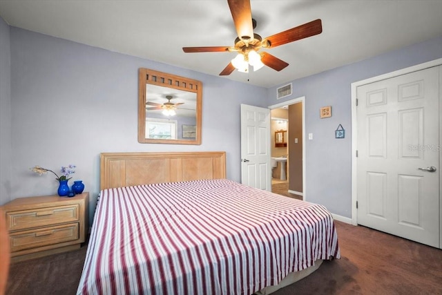 bedroom featuring baseboards, visible vents, ceiling fan, and carpet flooring