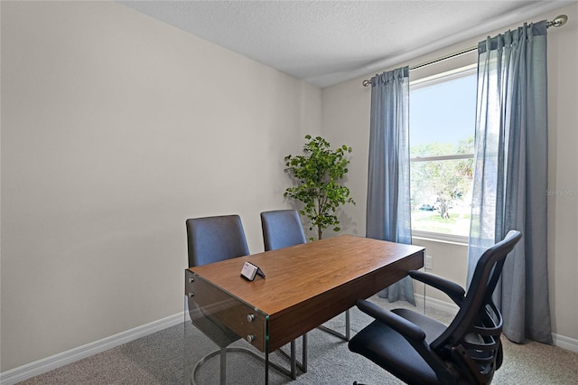 office space with light carpet and a textured ceiling