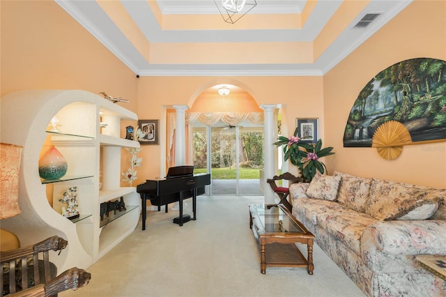 126 Seville Chase Dr, Winter Springs, FL 32708 - living room featuring ornate columns, carpet floors, ornamental molding, and arched walkways