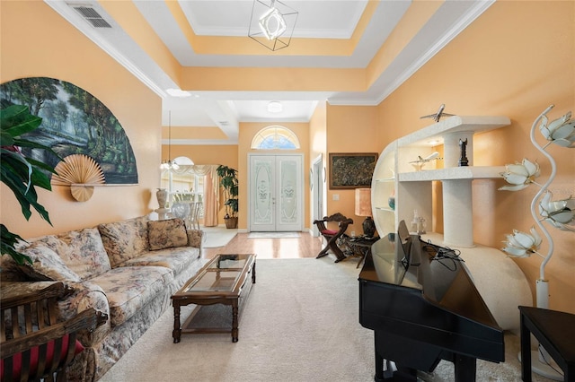 126 Seville Chase Dr, Winter Springs, FL 32708 - living area with crown molding, a raised ceiling, and carpet floors