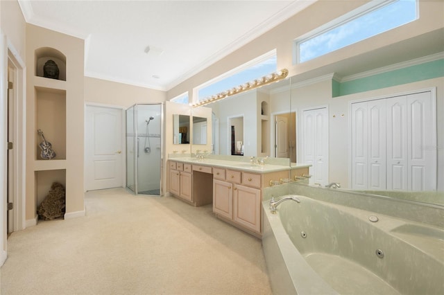 126 Seville Chase Dr, Winter Springs, FL 32708 - bathroom with double vanity, a stall shower, a tub with jets, and crown molding