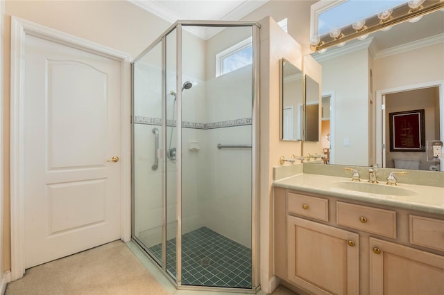 126 Seville Chase Dr, Winter Springs, FL 32708 - full bathroom featuring crown molding, a stall shower, and vanity
