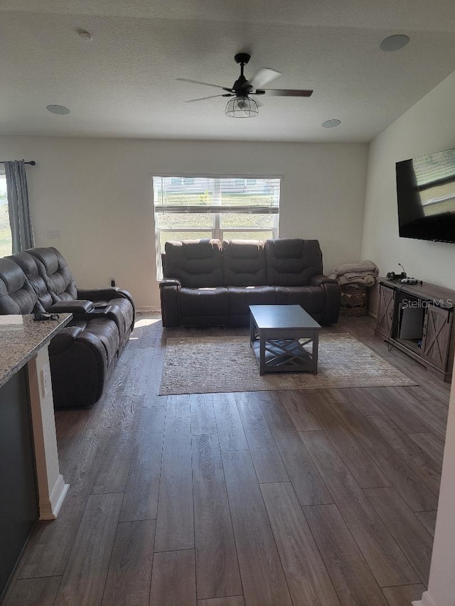 living room with hardwood / wood-style flooring, ceiling fan, and a healthy amount of sunlight