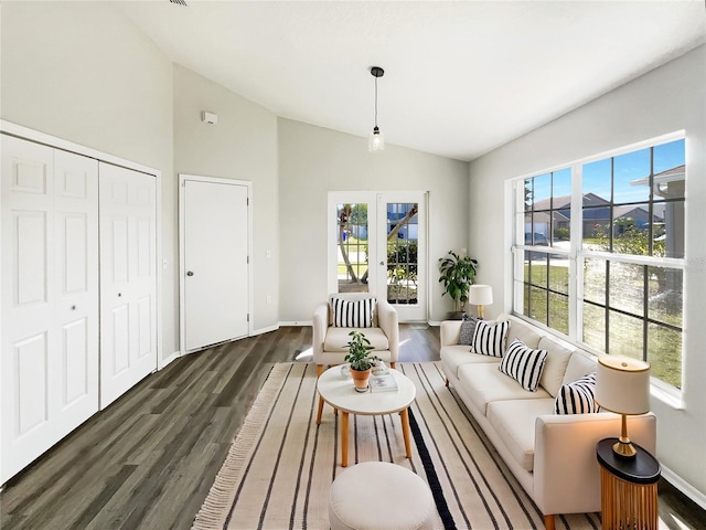 living room with vaulted ceiling, dark wood-type flooring, and french doors