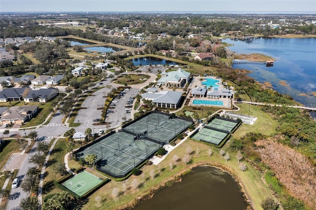 birds eye view of property featuring a water view