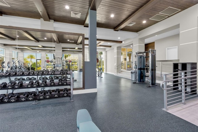 exercise room with wood ceiling