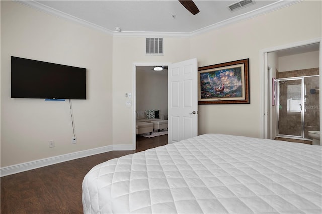 bedroom with hardwood / wood-style flooring, ornamental molding, ceiling fan, and ensuite bathroom