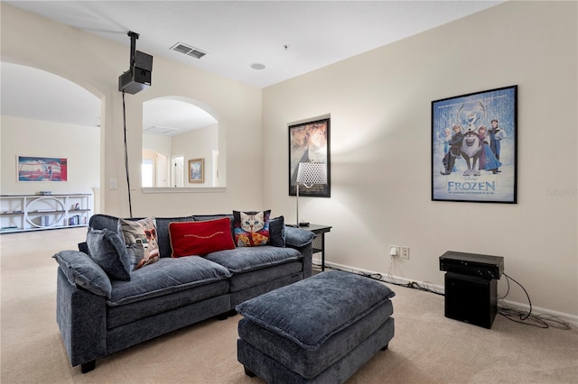 living room featuring light colored carpet