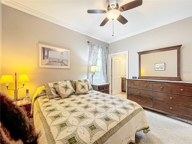 bedroom with crown molding, light colored carpet, and ceiling fan