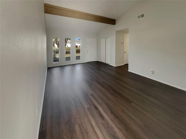 unfurnished living room with high vaulted ceiling, dark hardwood / wood-style floors, and beam ceiling