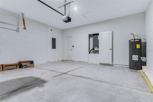 garage with a garage door opener, electric water heater, and electric panel