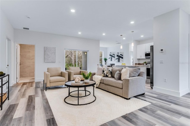 living room with light hardwood / wood-style flooring