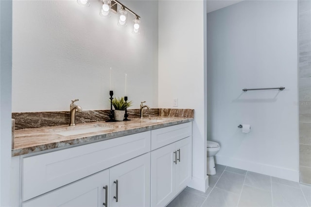 bathroom with vanity, tile patterned flooring, and toilet