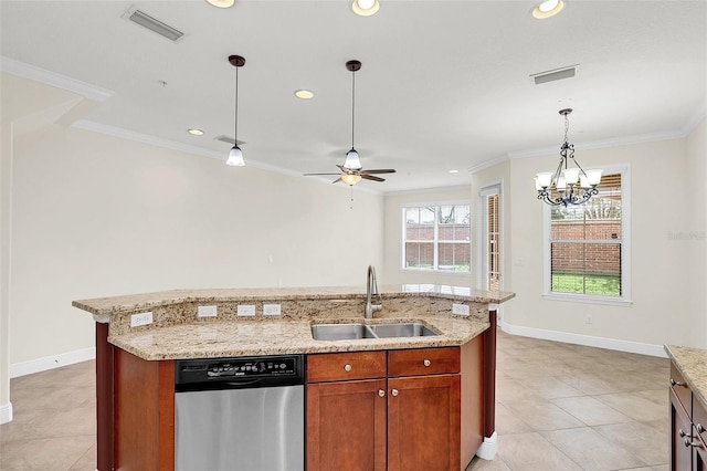 kitchen featuring pendant lighting, sink, crown molding, an island with sink, and stainless steel dishwasher