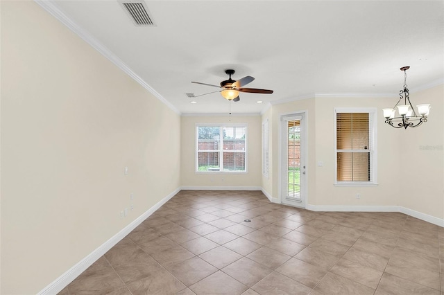 empty room with ornamental molding, ceiling fan with notable chandelier, and light tile patterned floors