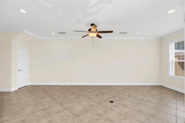 unfurnished room featuring crown molding and ceiling fan