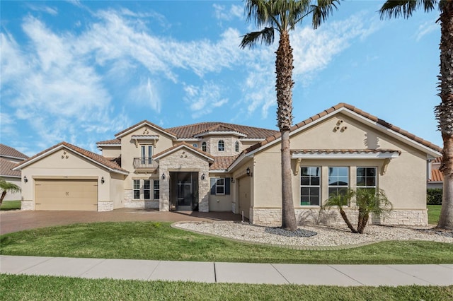 mediterranean / spanish home with a garage and a front lawn