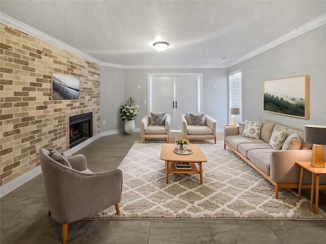 living room featuring a fireplace, ornamental molding, and brick wall