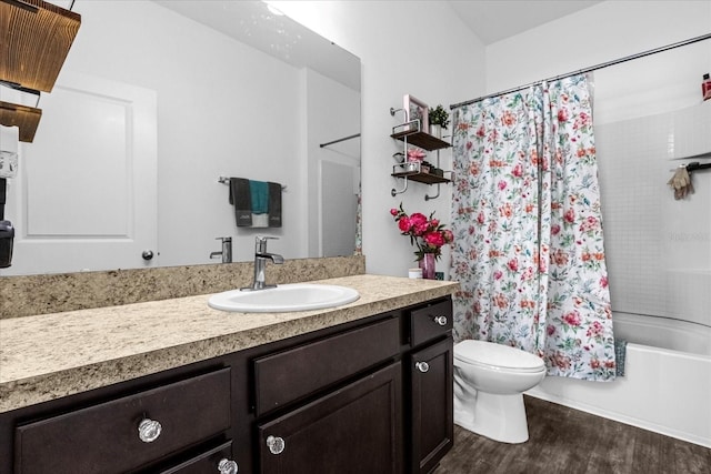 full bathroom featuring shower / bath combination with curtain, wood-type flooring, vanity, and toilet