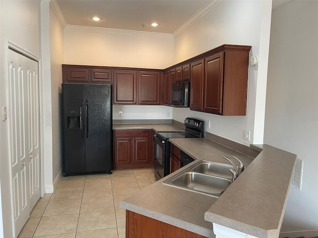 kitchen with black appliances, sink, ornamental molding, light tile patterned floors, and kitchen peninsula