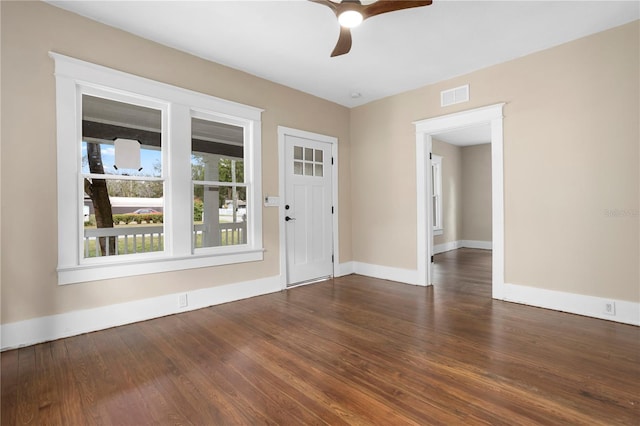 entryway featuring dark hardwood / wood-style flooring and ceiling fan