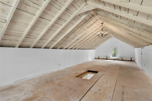 bonus room featuring lofted ceiling, a chandelier, and wooden ceiling