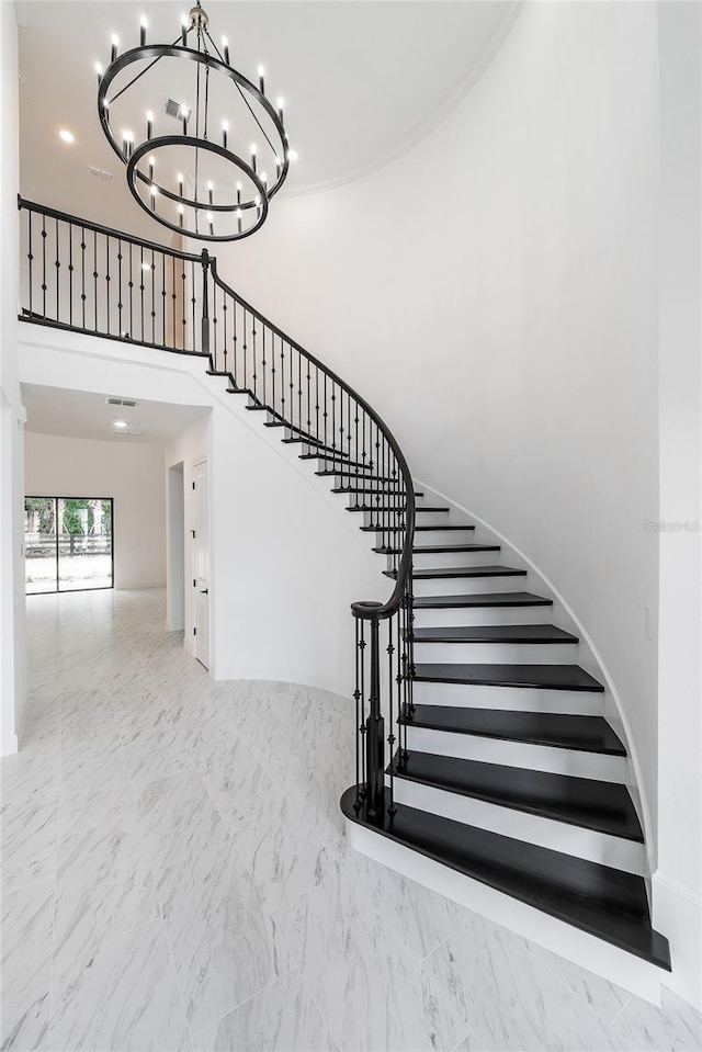 stairway with a high ceiling